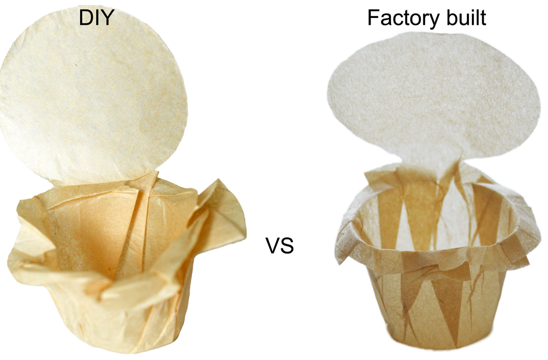 Three ways to get a K-Cup paper filter: hand-cut, flat preform, ready-made