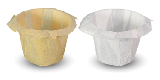 Unbleached brown coffee filter next to a white coffee filter